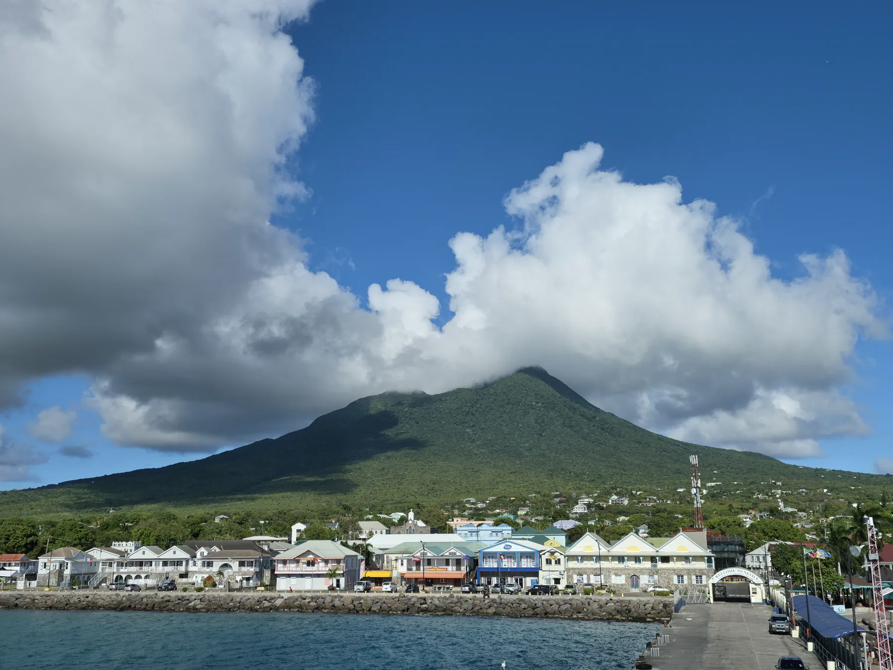 Nevis Peak and waterfront viewed from the sea